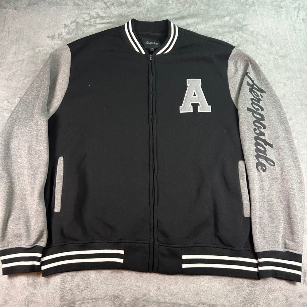Aeropostale Mens Varsity Bomber Jacket Black Gray Full Zip Fleece 4XL Big & Tall